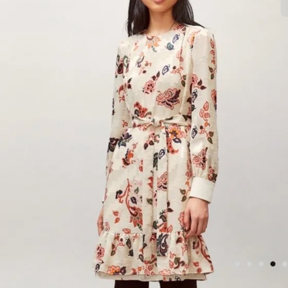 $548 Tory Burch Ivory Mountain Silk Paisley Burnout Shift Dress sz 4 Belted Tie